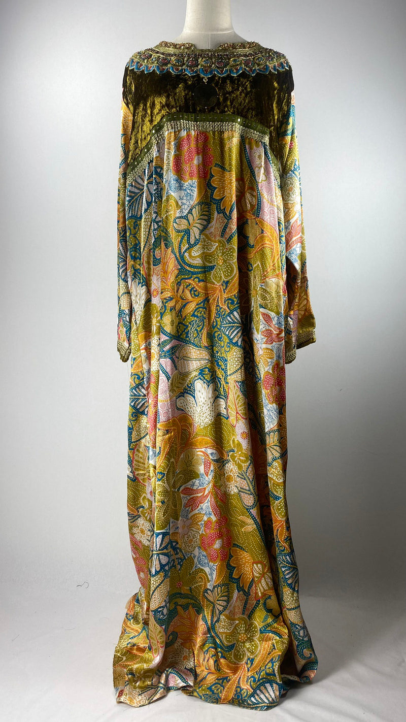 Long Sleeve Colorful Printed Abaya, Beige