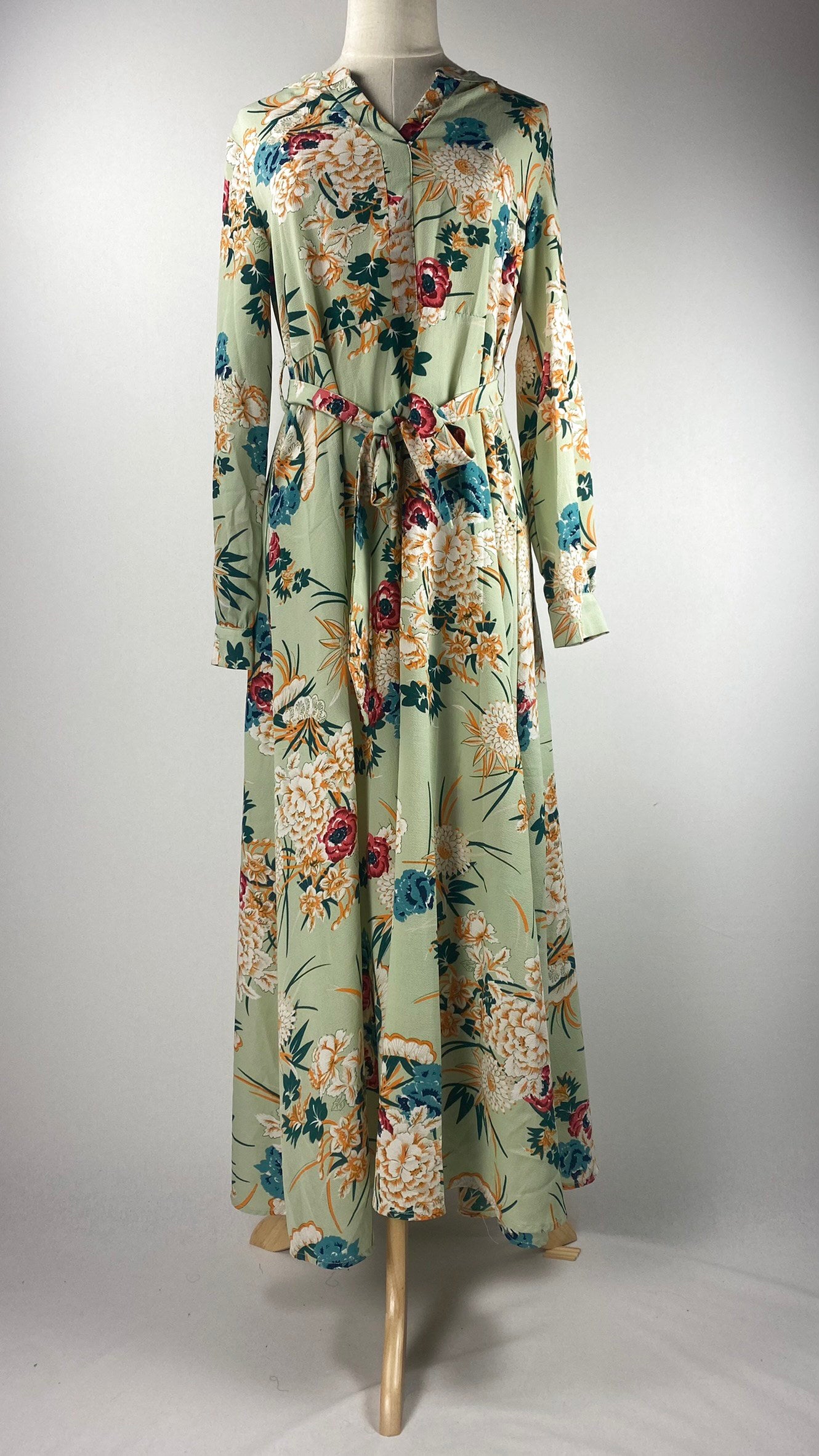 Long Sleeve Flowery Print Maxi Dress, Green