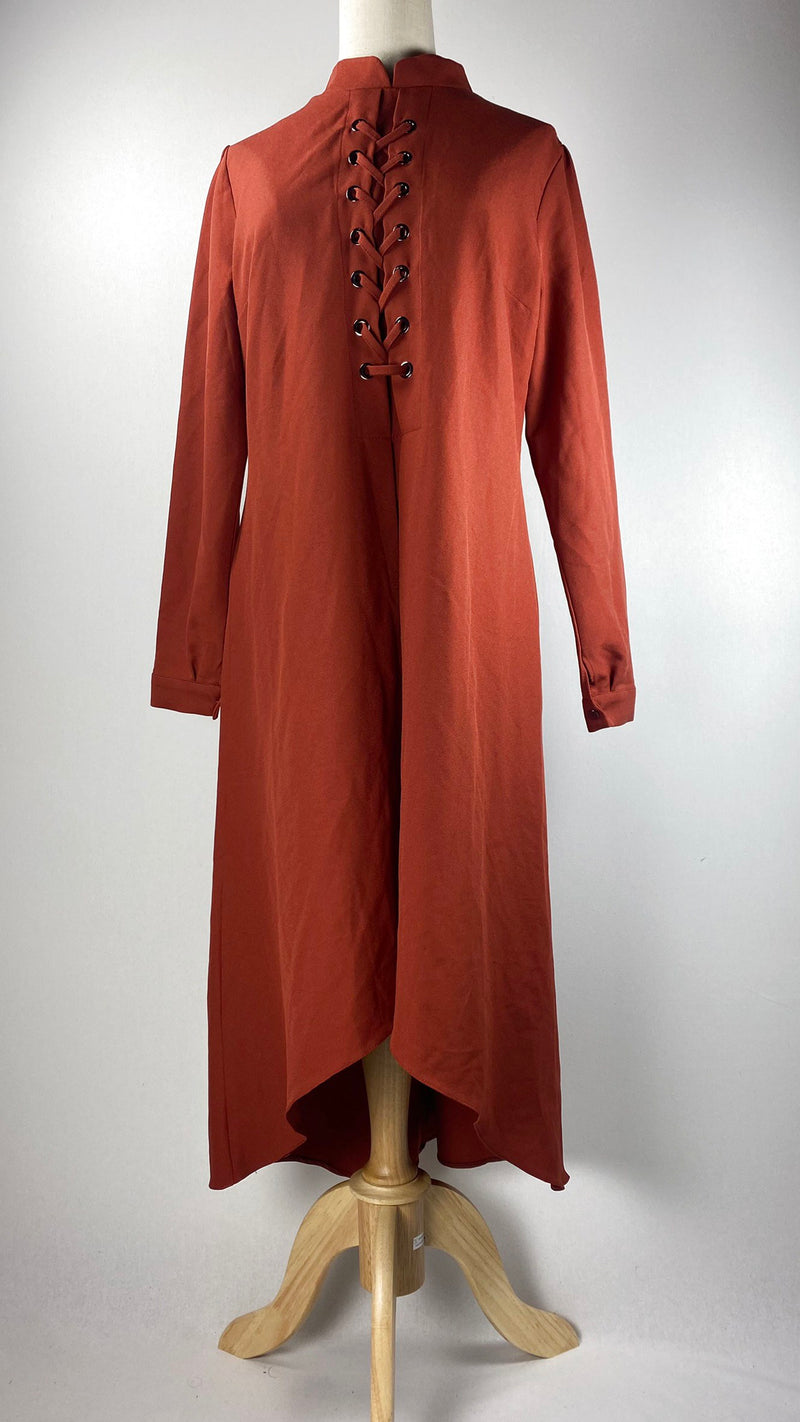 Long Sleeve Hi-Low Knee Length Dress Top with Pants, Burnt Orange