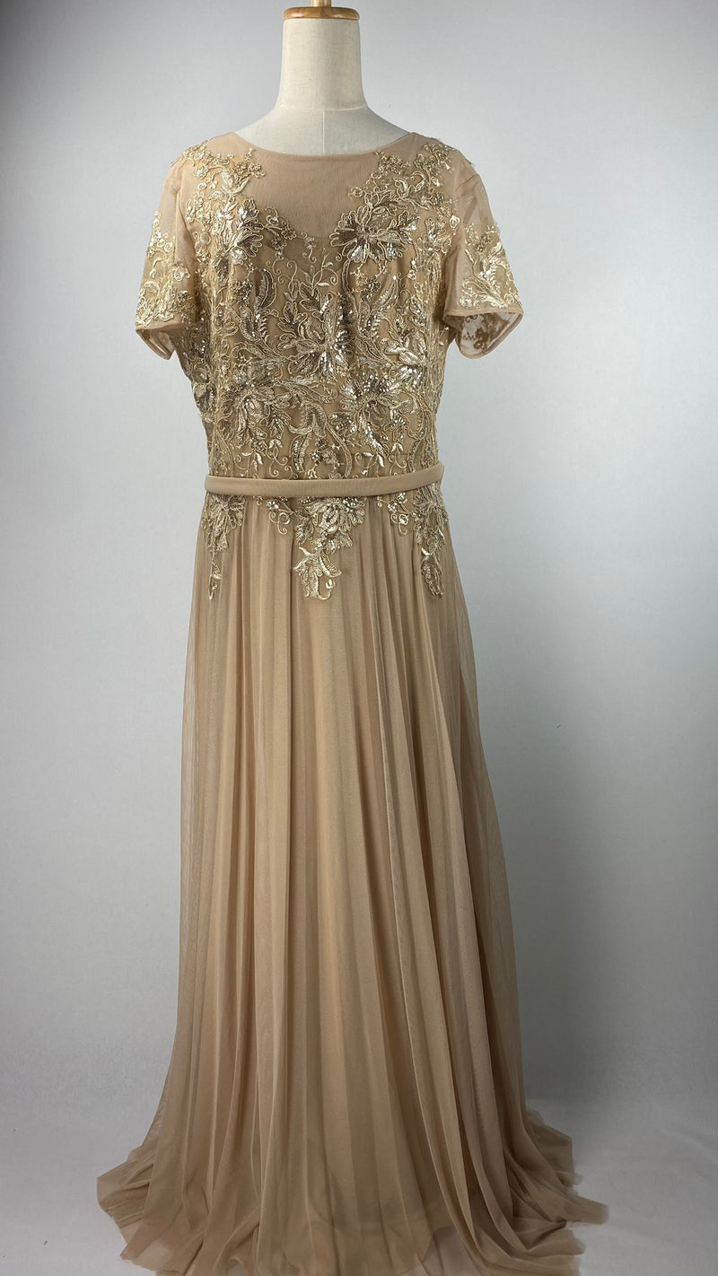 Cachet Short Sleeve Maxi Evening Gown with Embroidery, Gold