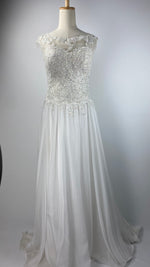 Cap Sleeve Bridal Gown with Beading on Bodice, Layered Chiffon Skirt