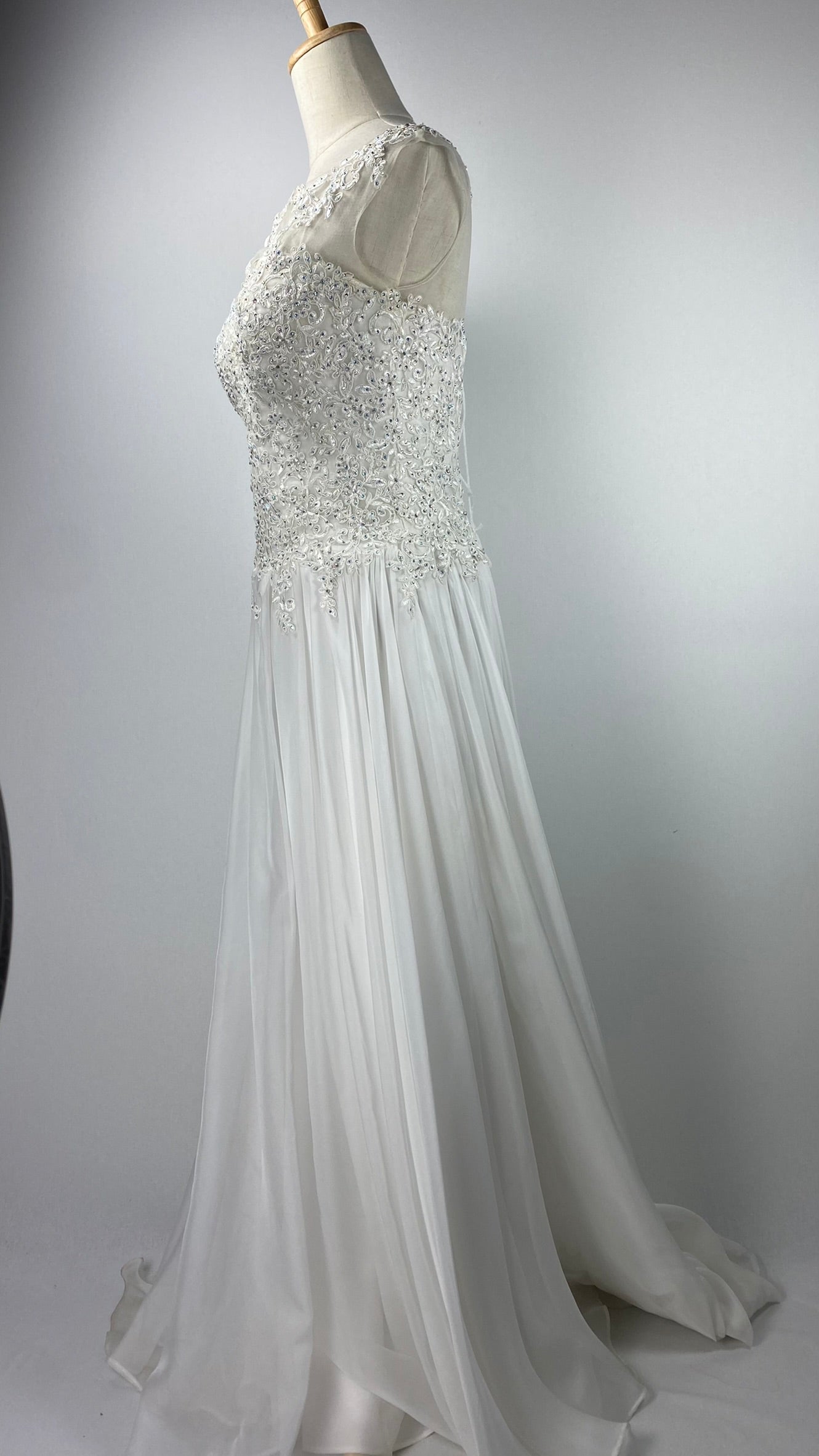 Cap Sleeve Bridal Gown with Beading on Bodice, Layered Chiffon Skirt