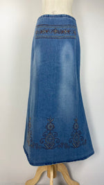 Denim Maxi Skirt with Embroidery, Blue