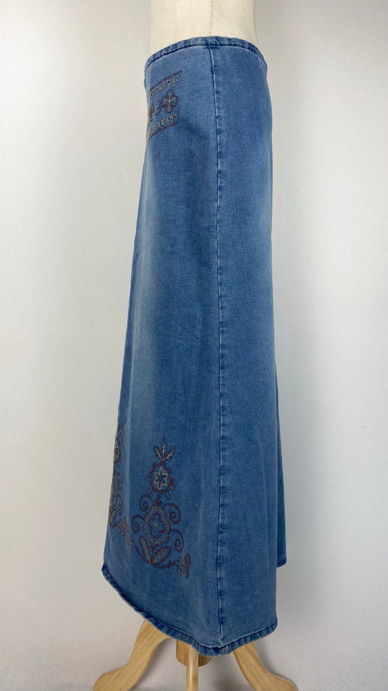 Denim Maxi Skirt with Embroidery, Blue