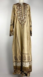 Beige Abaya+ with Gold Foil and Brown Suede