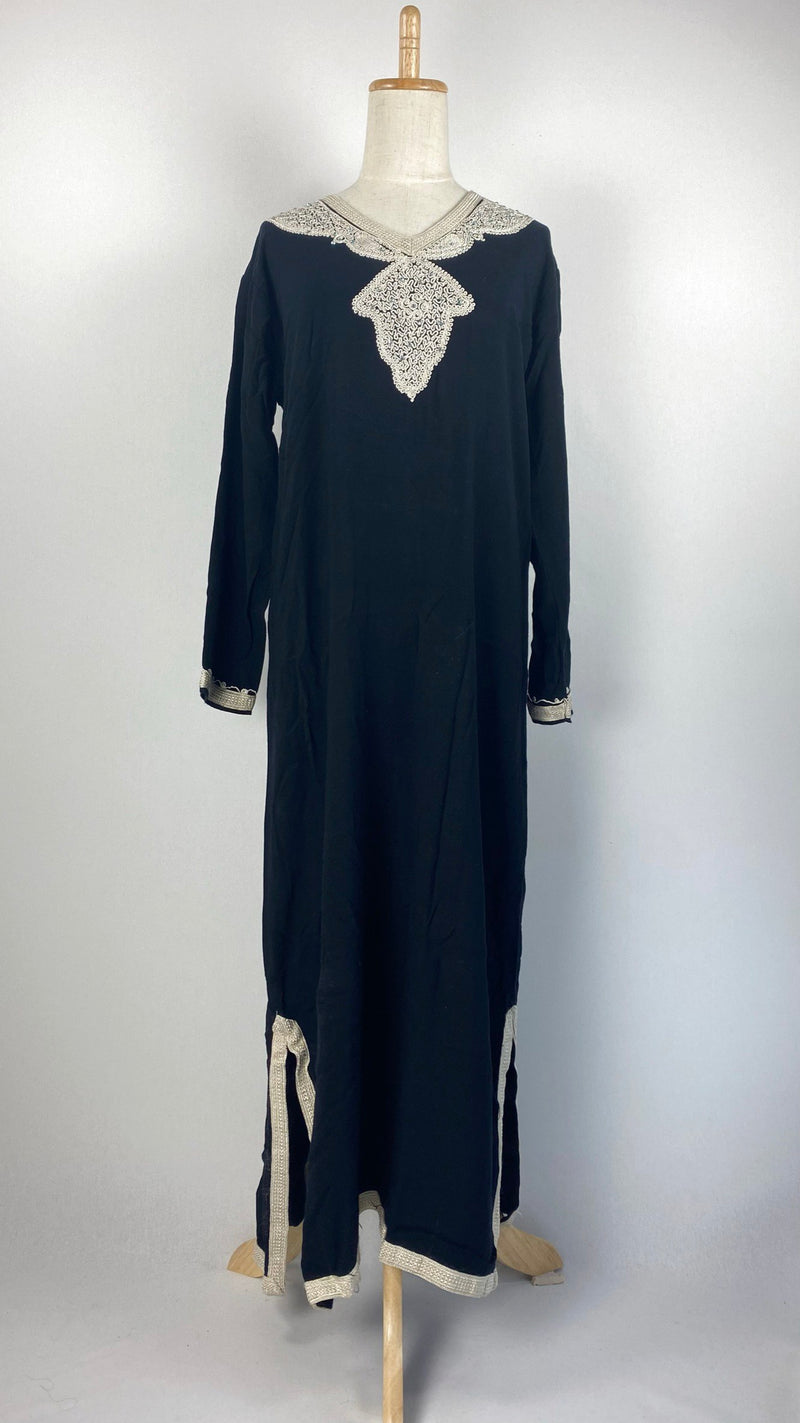 Long Sleeve Moroccan Abaya with Trim, Black