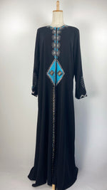 Long Sleeve Snap Button Abaya with Beading, Black and Blue