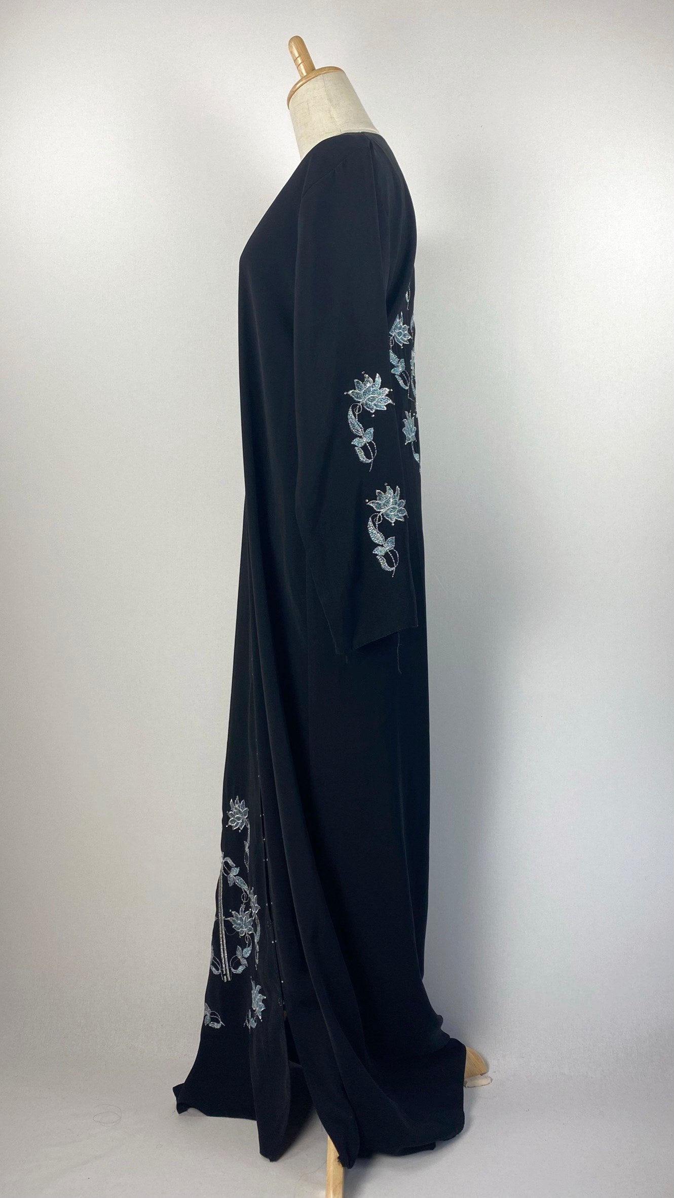 Long Sleeve Snap Button Abaya with Flowers, Black and Blue