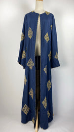 Long Sleeve Open Abaya Gold Embroidery, Navy