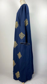 Long Sleeve Open Abaya Gold Embroidery, Navy