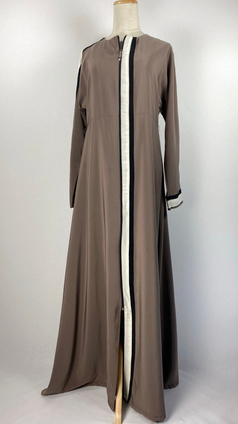 Long Sleeve Zip Up Abaya with Stripes, Taupe