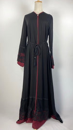 Long Sleeve Zip Up Abaya with Maroon Detail, Black