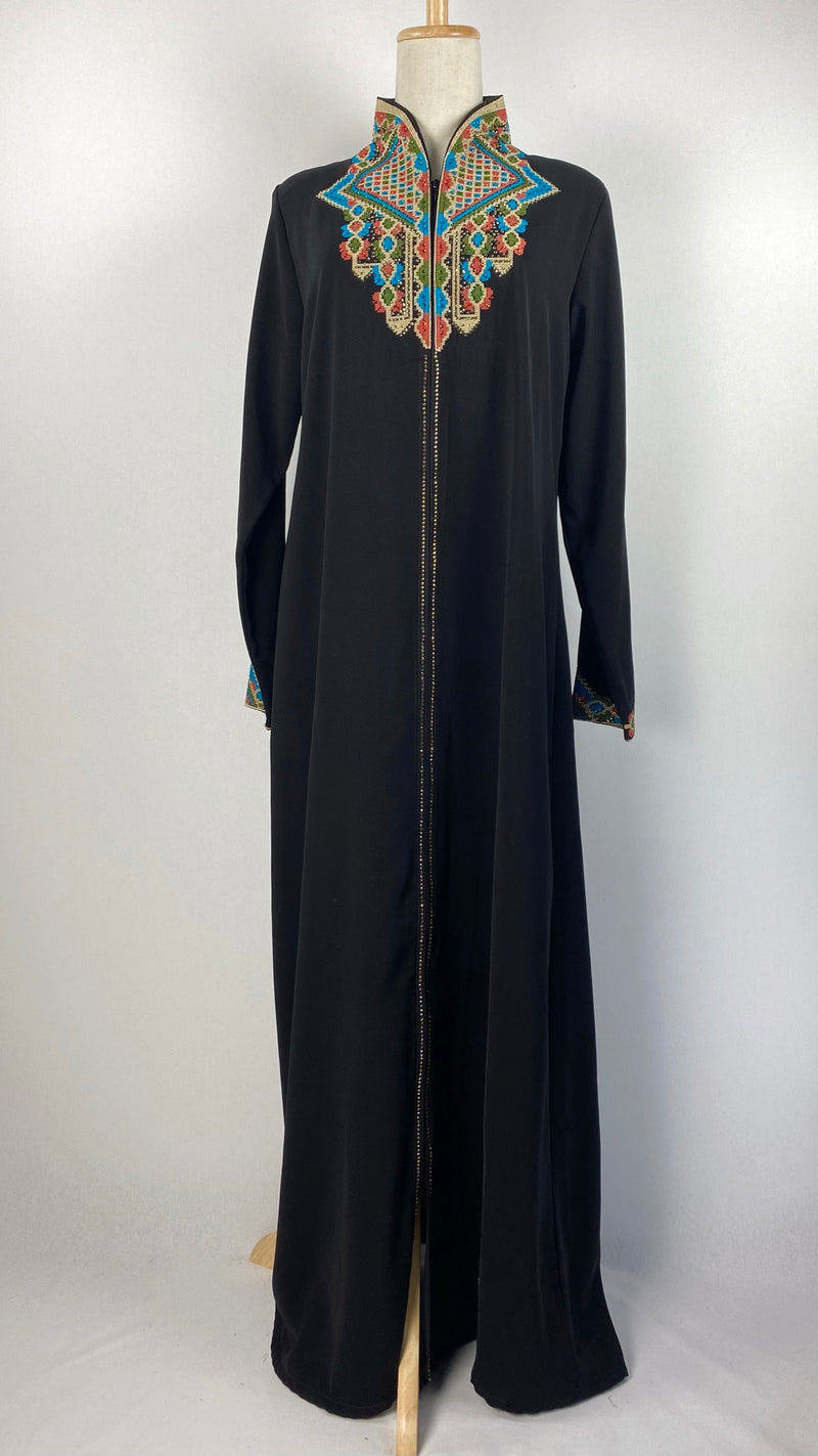 Long Sleeve Zip Up Abaya with Colorful Embroidery, Black