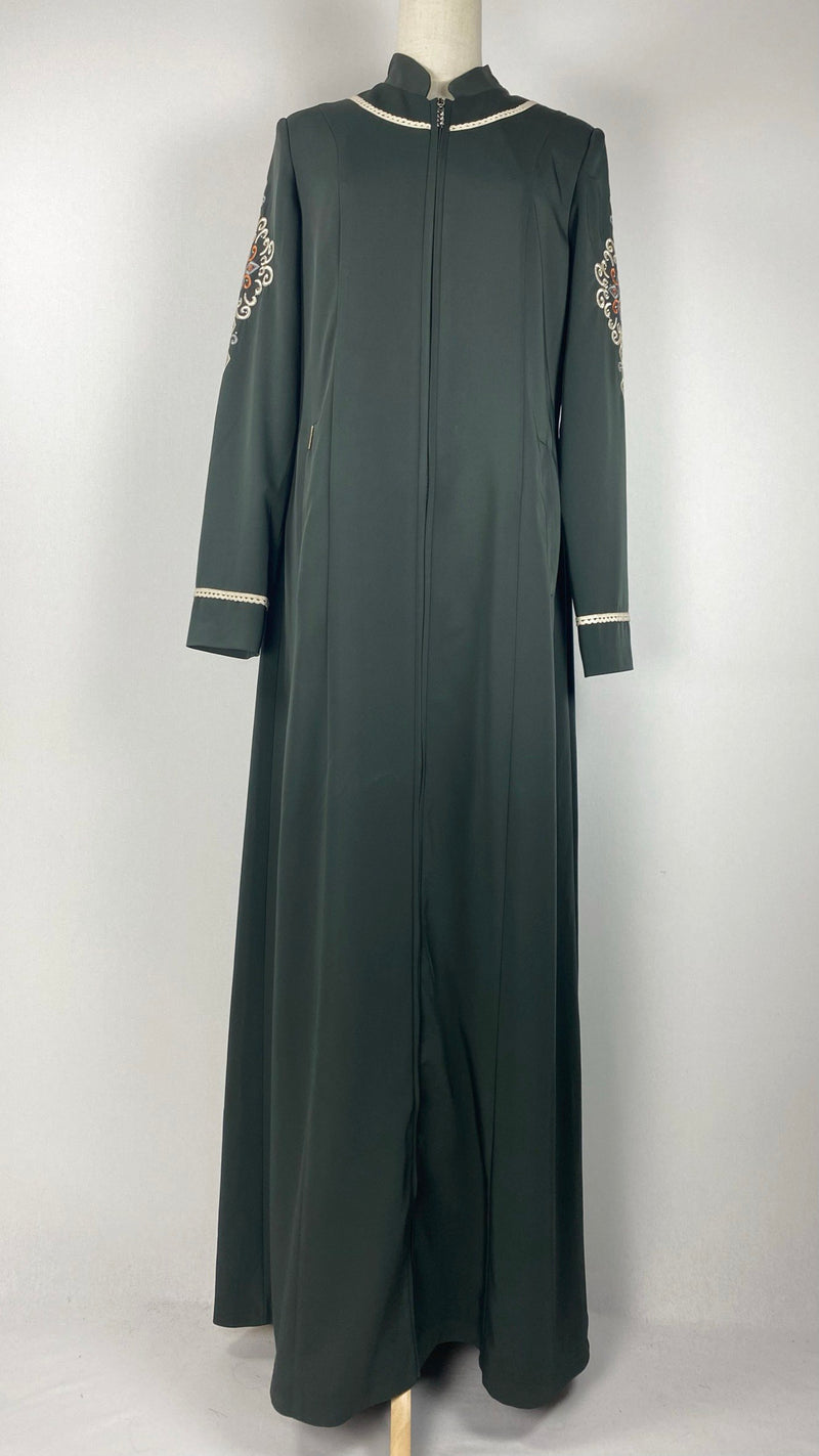 Long Sleeve Zip Up Abaya with Embroidery, Green