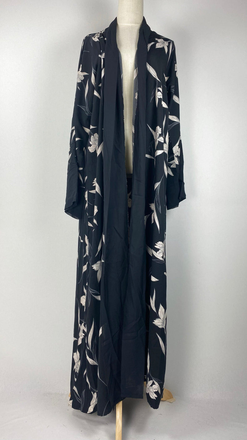 Long Sleeve Printed Open Abaya, Black