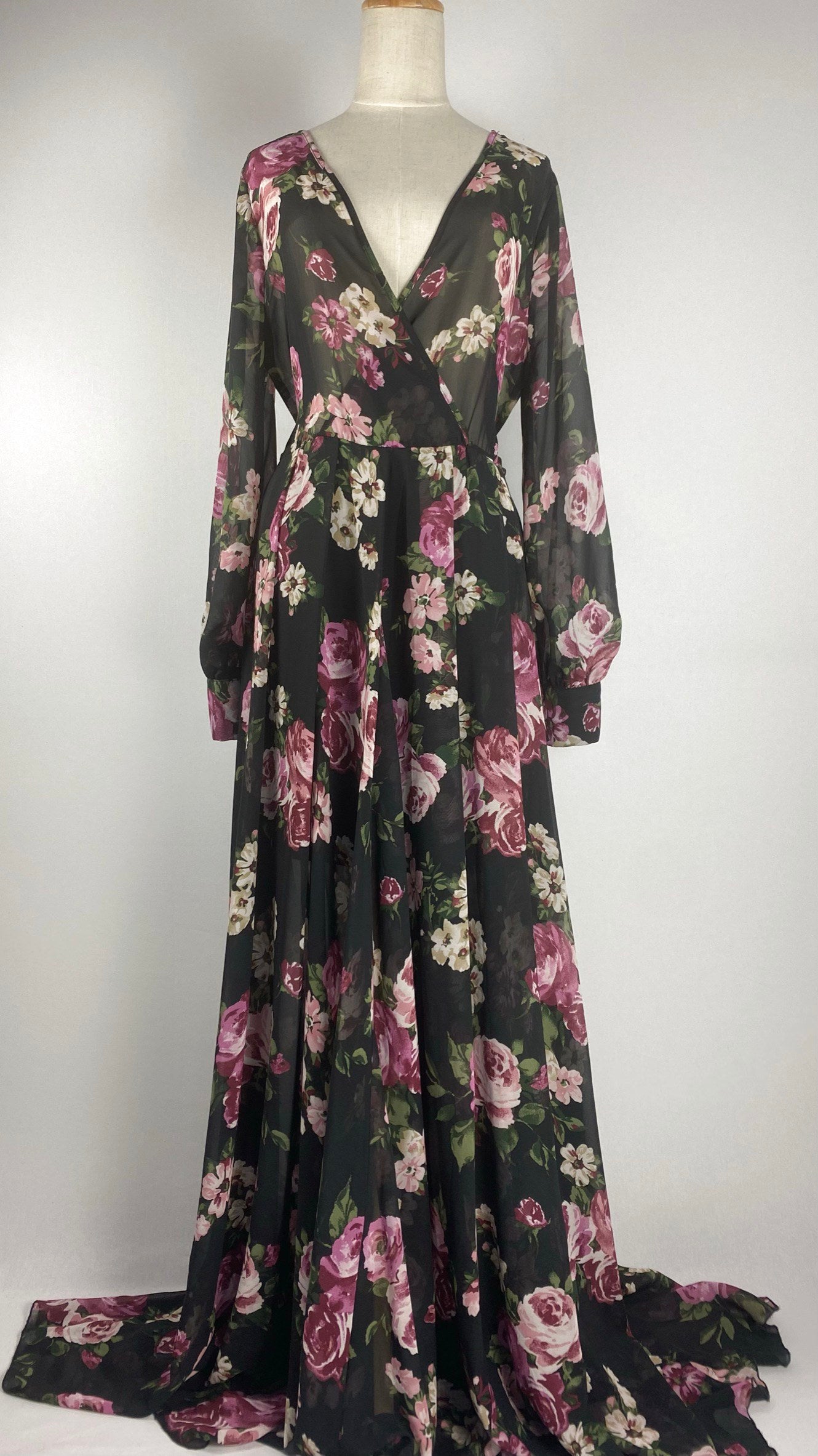 Long Sleeve Maxi Dress with Bold Flowers, Black
