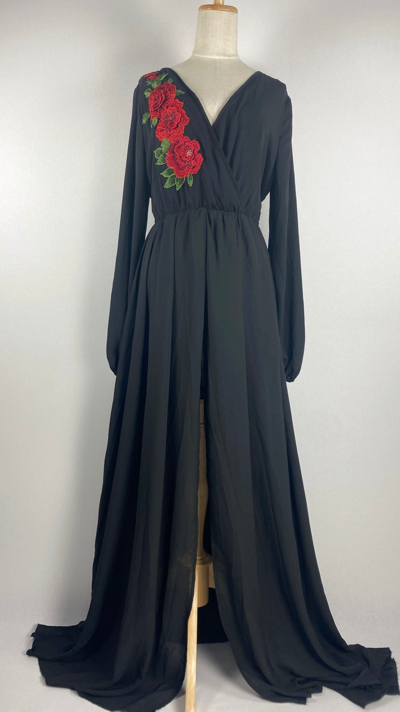 Long Sleeve Maxi Dress with Red Embroidery, Black