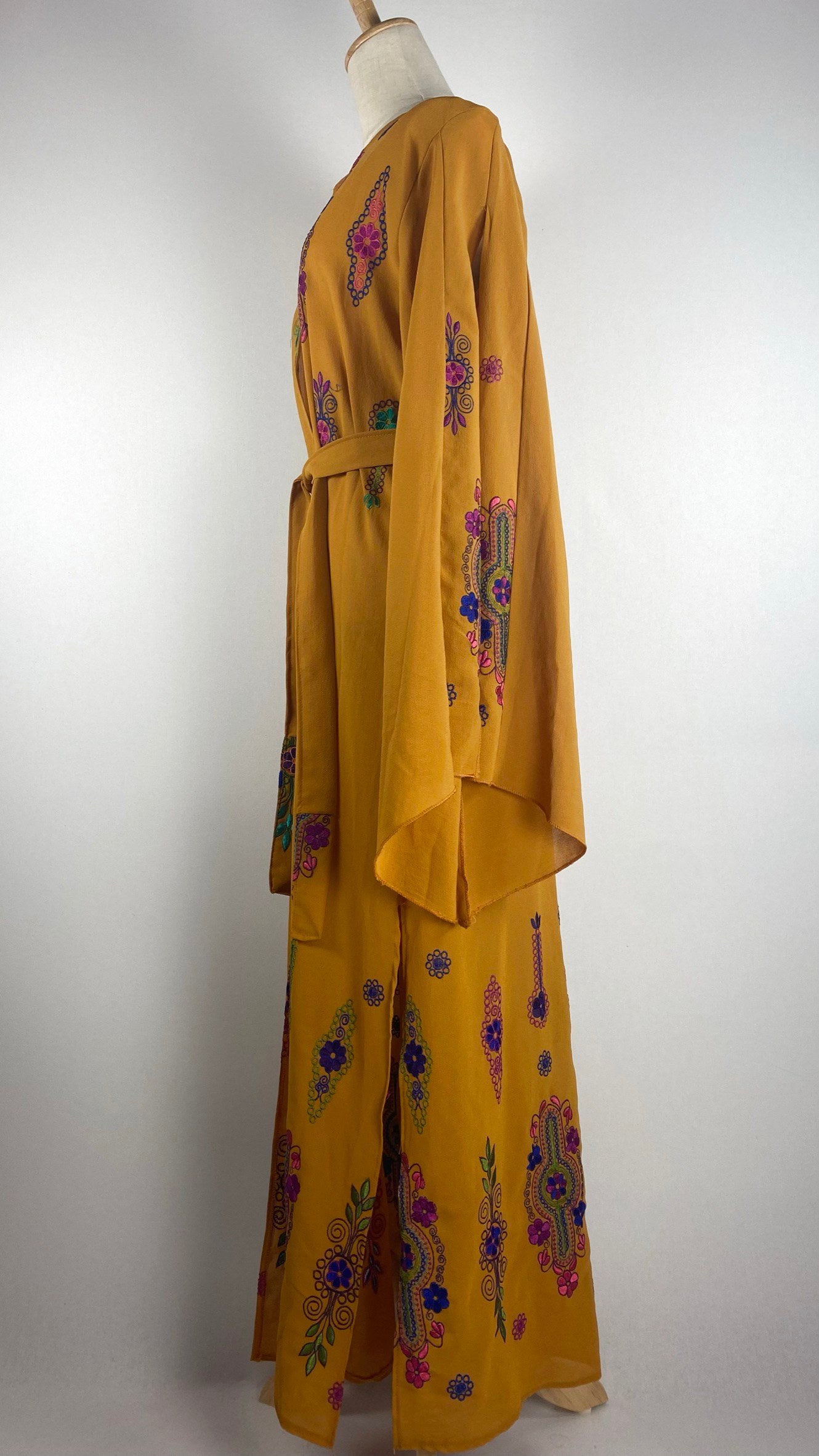 Long Sleeve Open Maxi Cardigan with Embroidery, Mustard