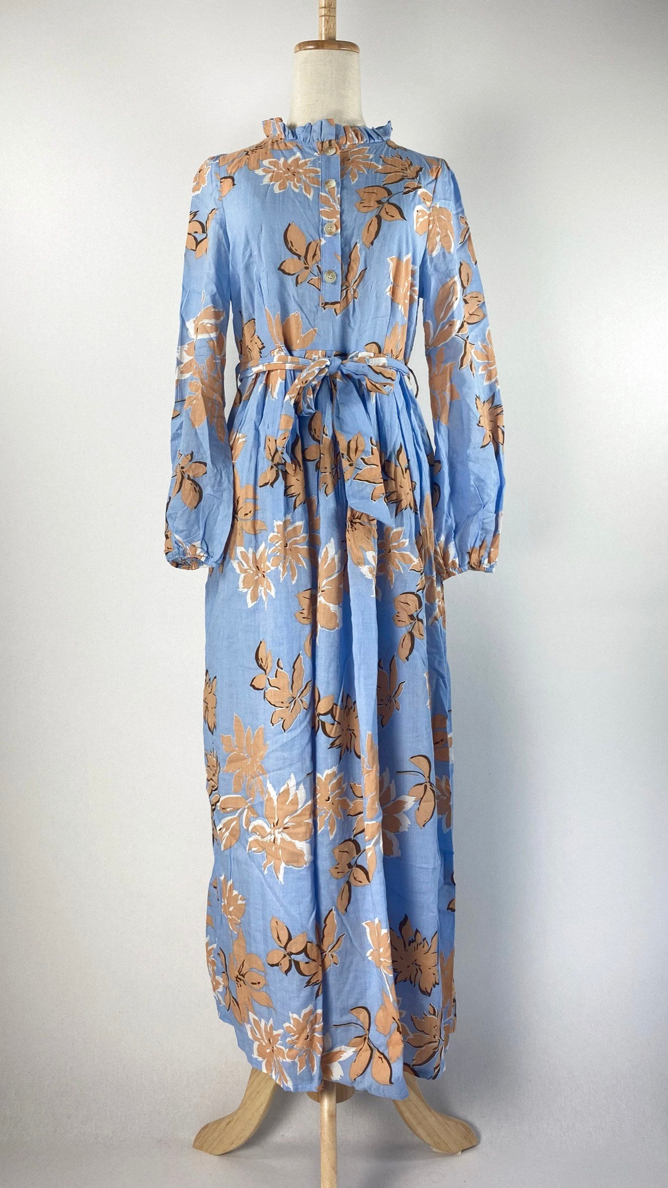 Long Sleeve Maxi Dress with Flower Print, Blue