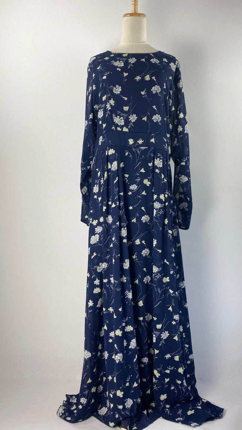 Long Sleeve Maxi Dress with Flower Print, Navy
