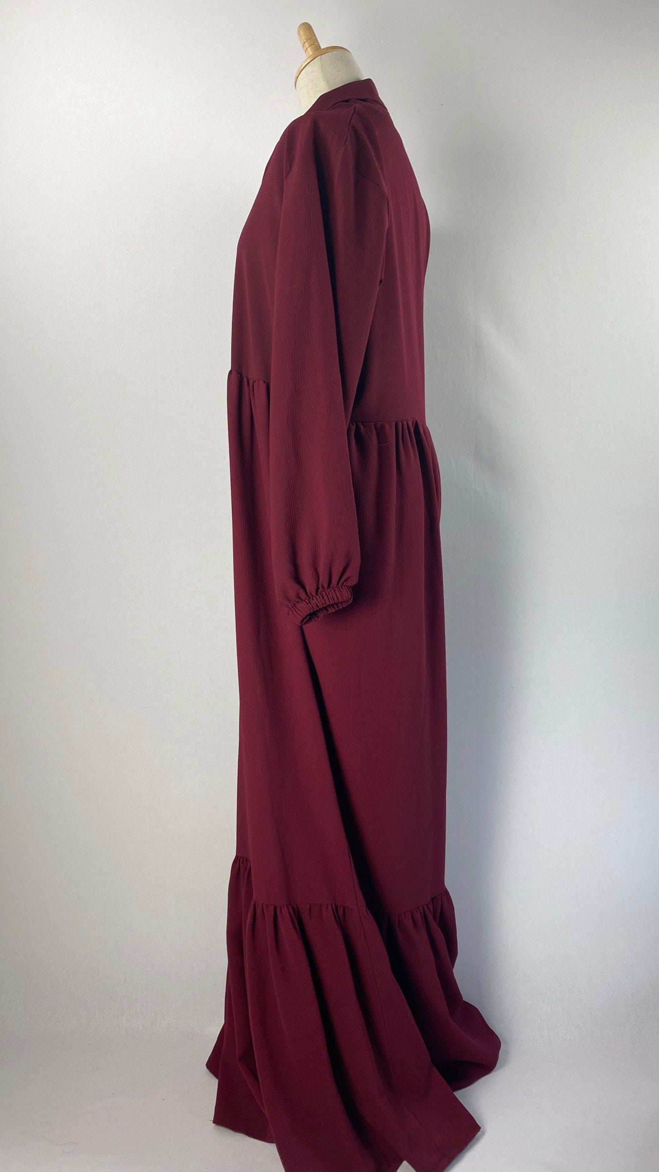 Long Sleeve Maxi Dress with Tie at Neck, Maroon