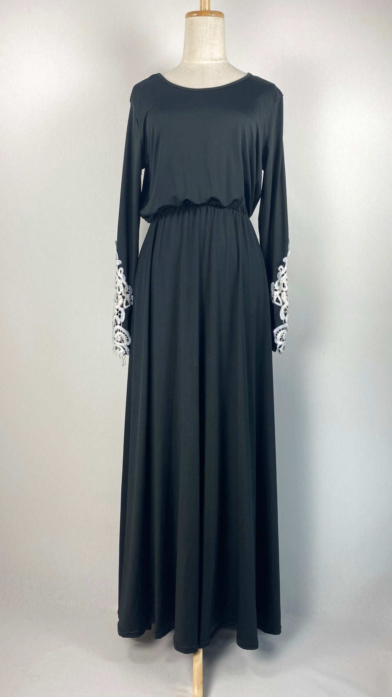 Long Sleeve Maxi Dress with Trim on Sleeves, Black