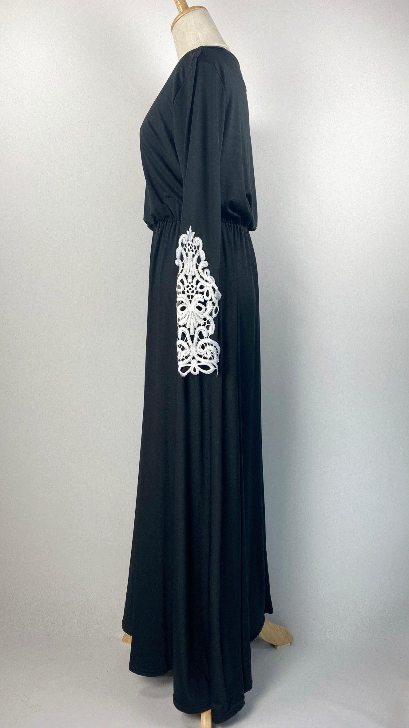 Long Sleeve Maxi Dress with Trim on Sleeves, Black