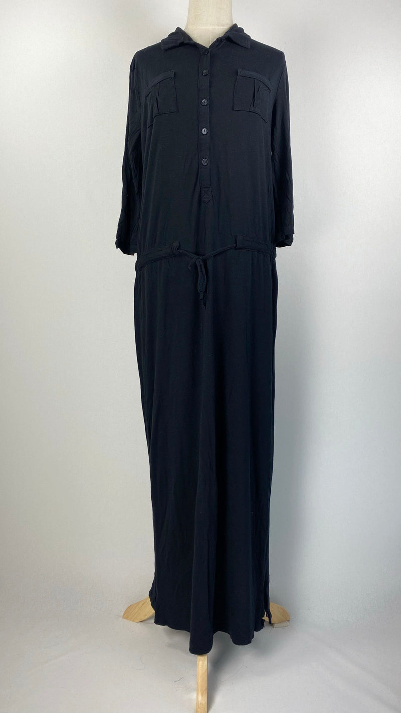 Long Sleeve Half Button Up Cinched Waist  Maxi Dress, Black