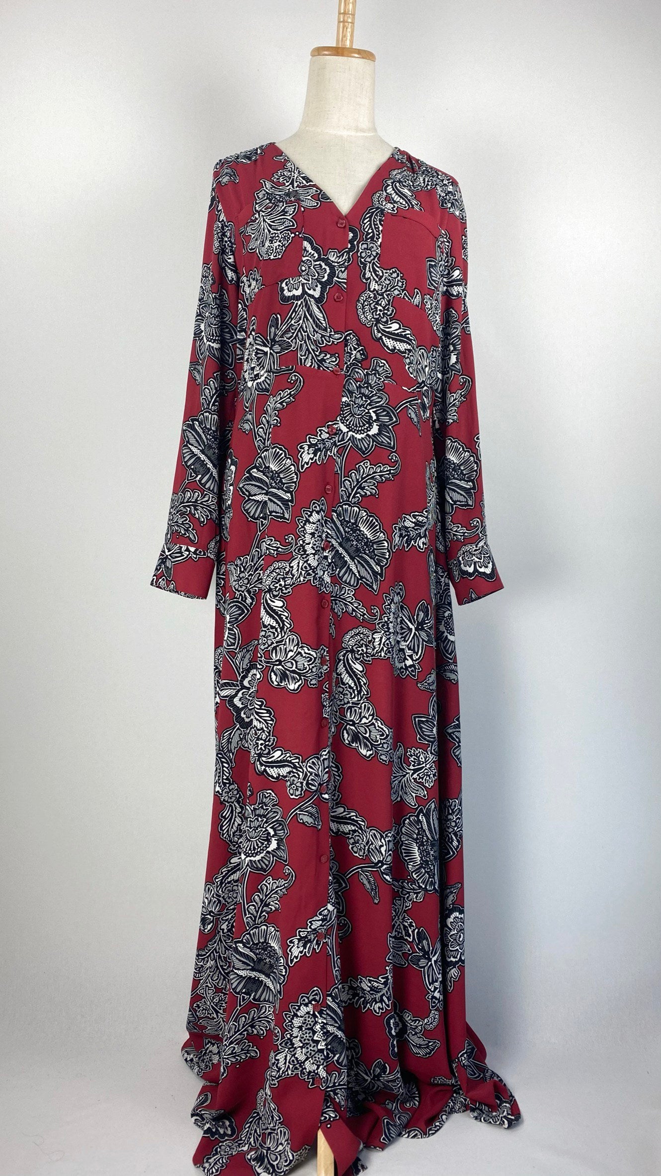 Long Sleeve Printed Button Up Maxi Dress, Red