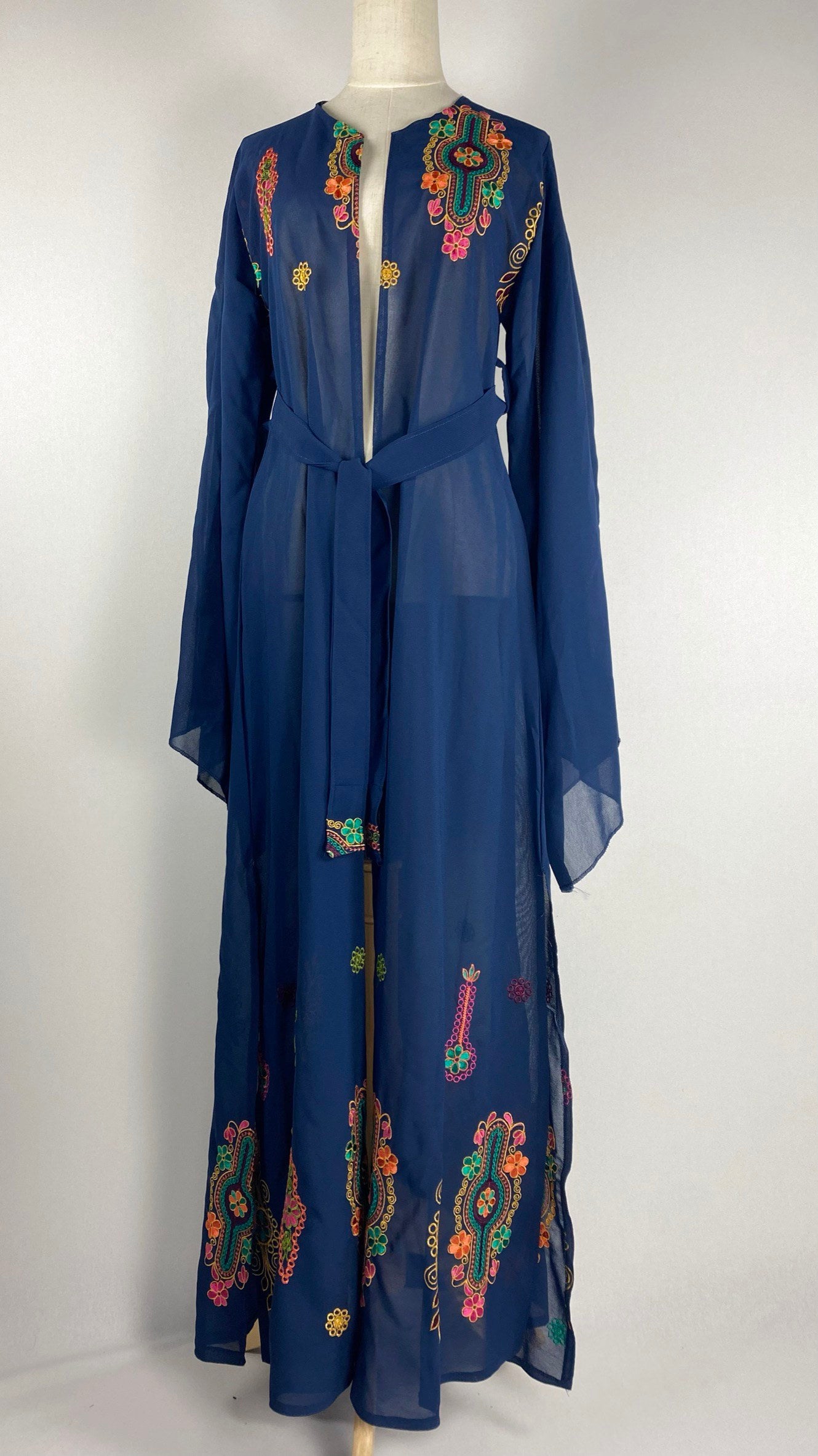 Long Sleeve Open Maxi Cardigan with Embroidery, Navy