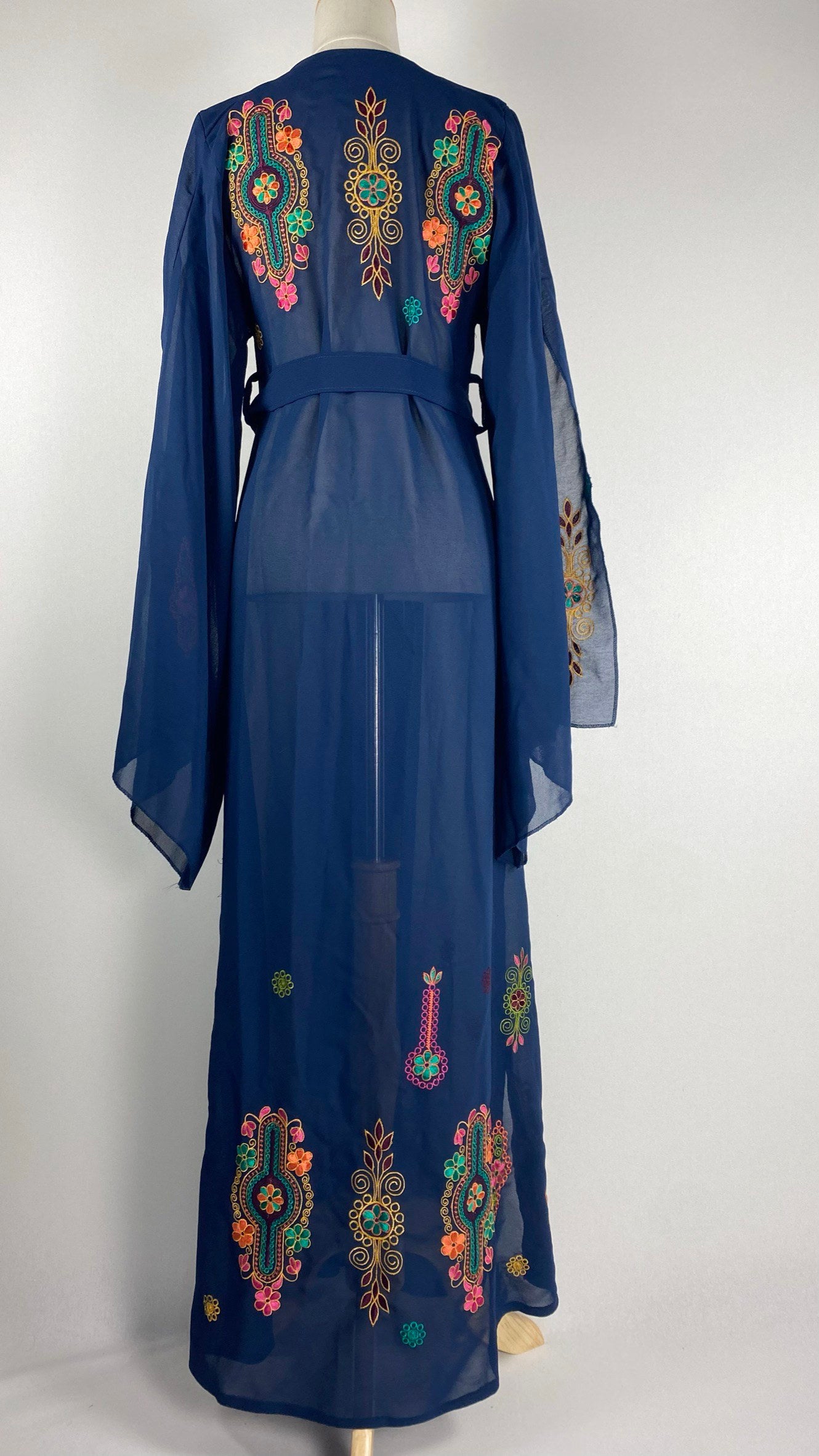 Long Sleeve Open Maxi Cardigan with Embroidery, Navy