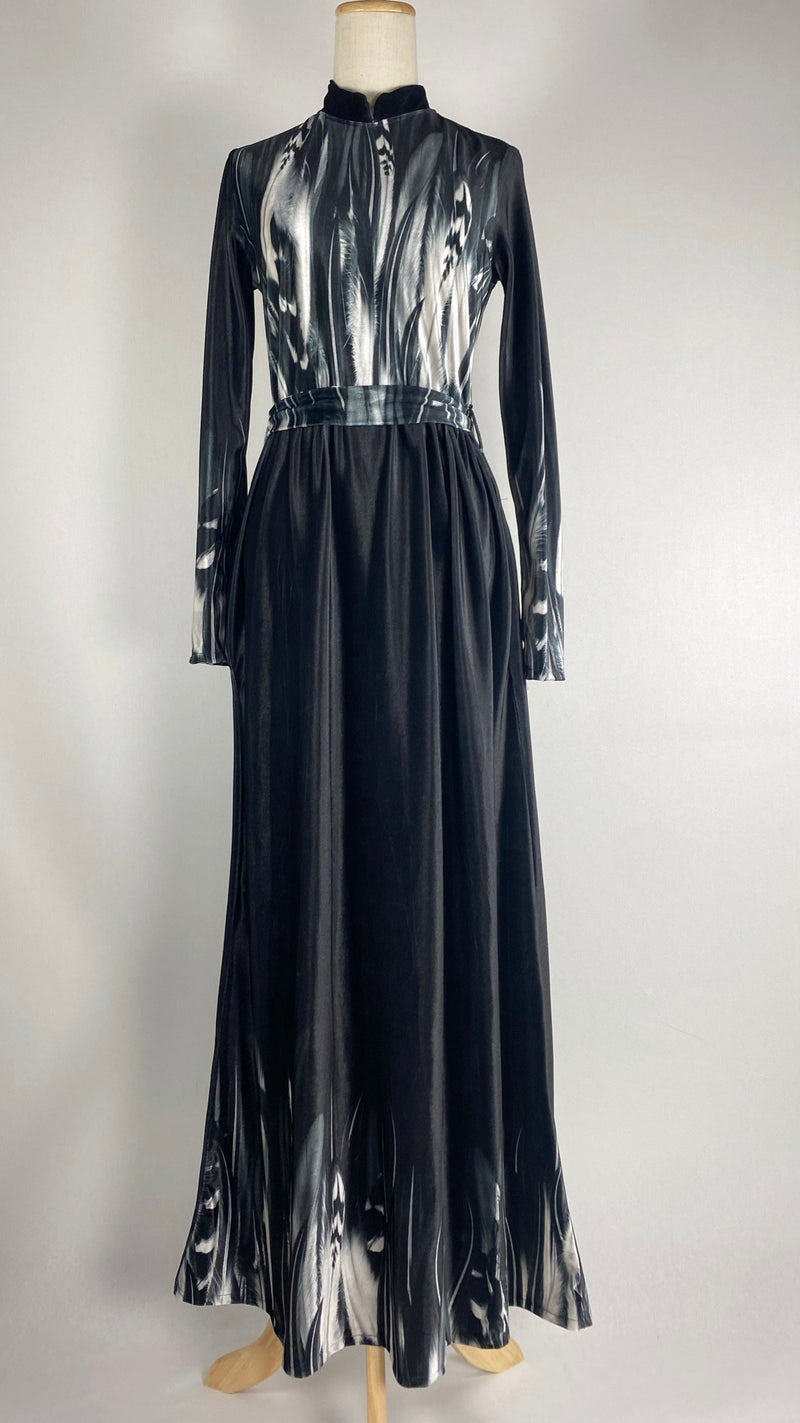 Long Sleeve Velvet Print Maxi Dress, Black/Gray