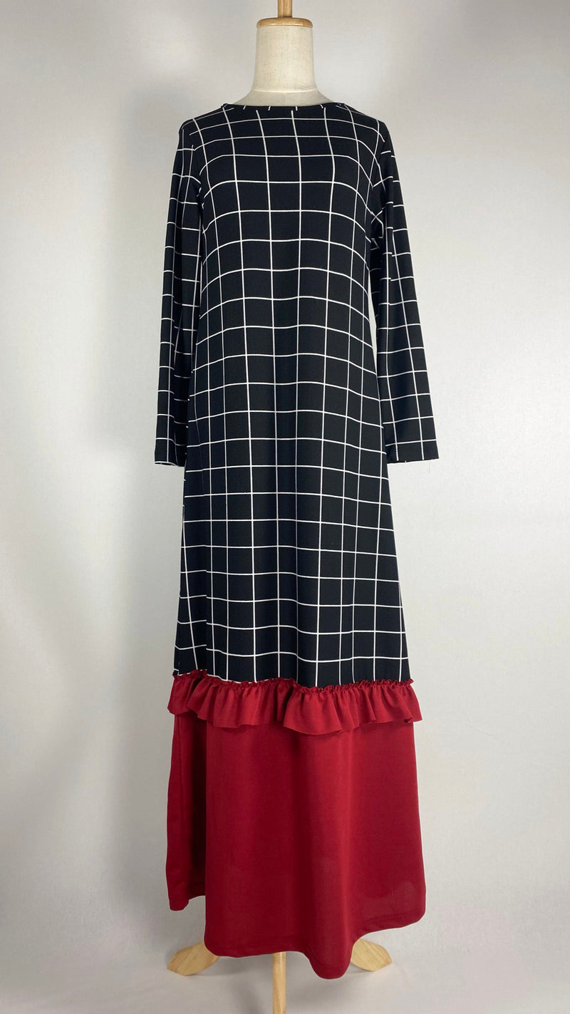 Long Sleeve Square Print Maxi Dress, Black/Maroon