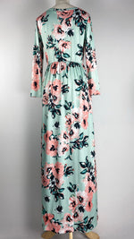 Long Sleeve Cinched Waist Maxi Dress, Blue and Pink