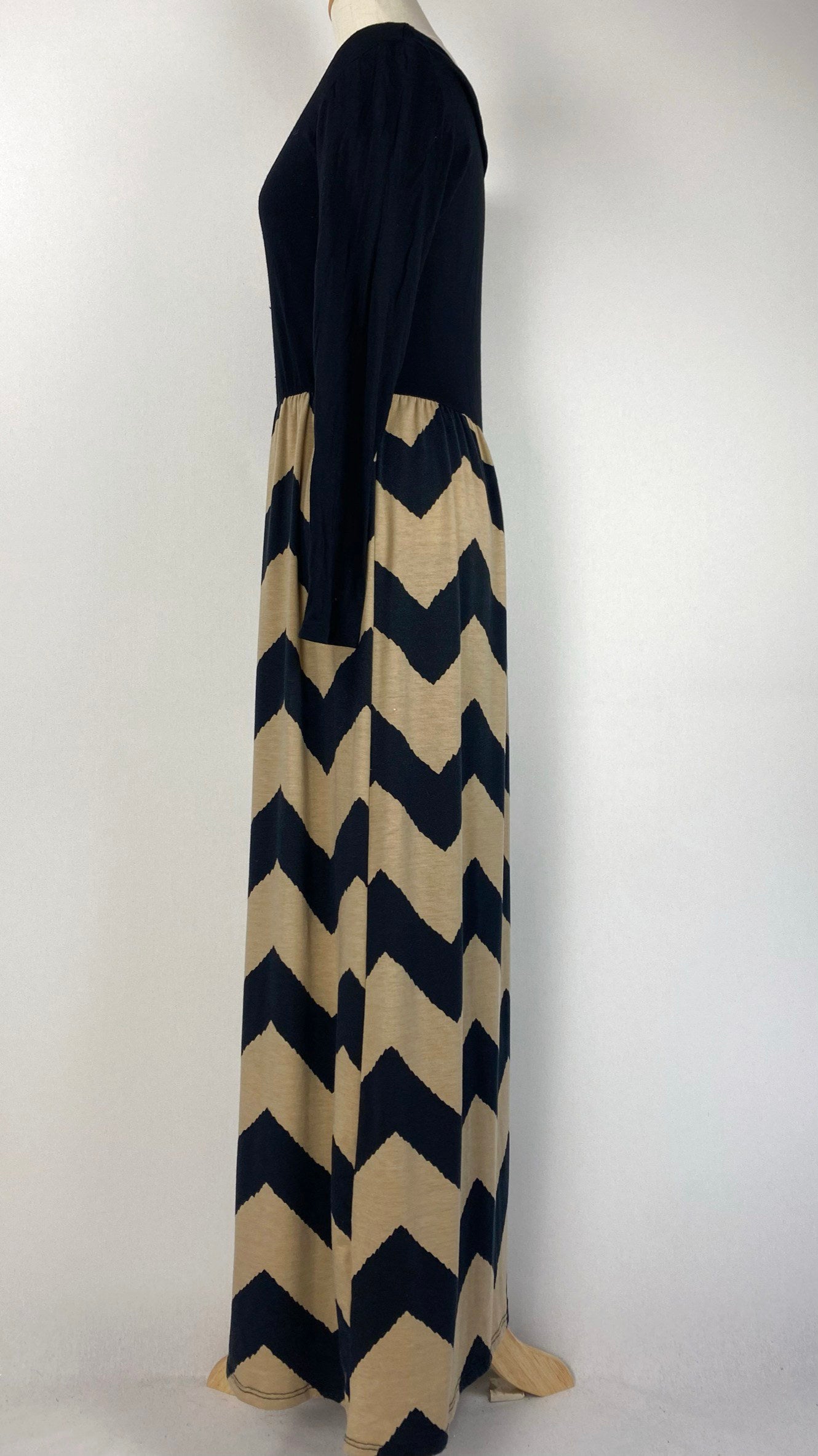 Long Sleeve Knit Maxi Dress, Beige/Black