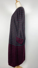 Gray long sleeve sweater dress with maroon stripes