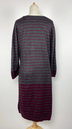 Gray long sleeve sweater dress with maroon stripes
