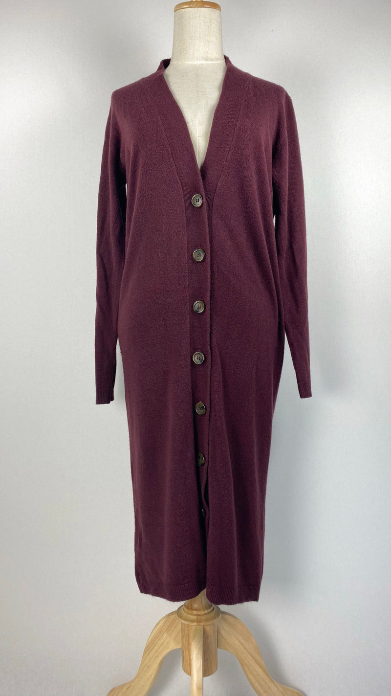 Long Sleeve Knit Button Up Knee Length Cardigan, Maroon