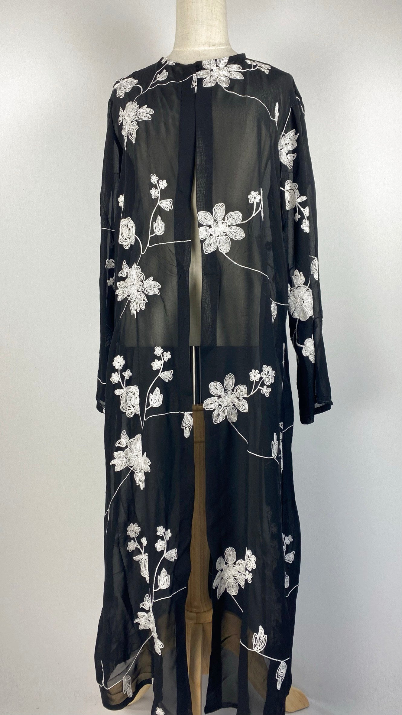 Black Sheer Open Shirt/Cardigan with White Embroidered Flowers