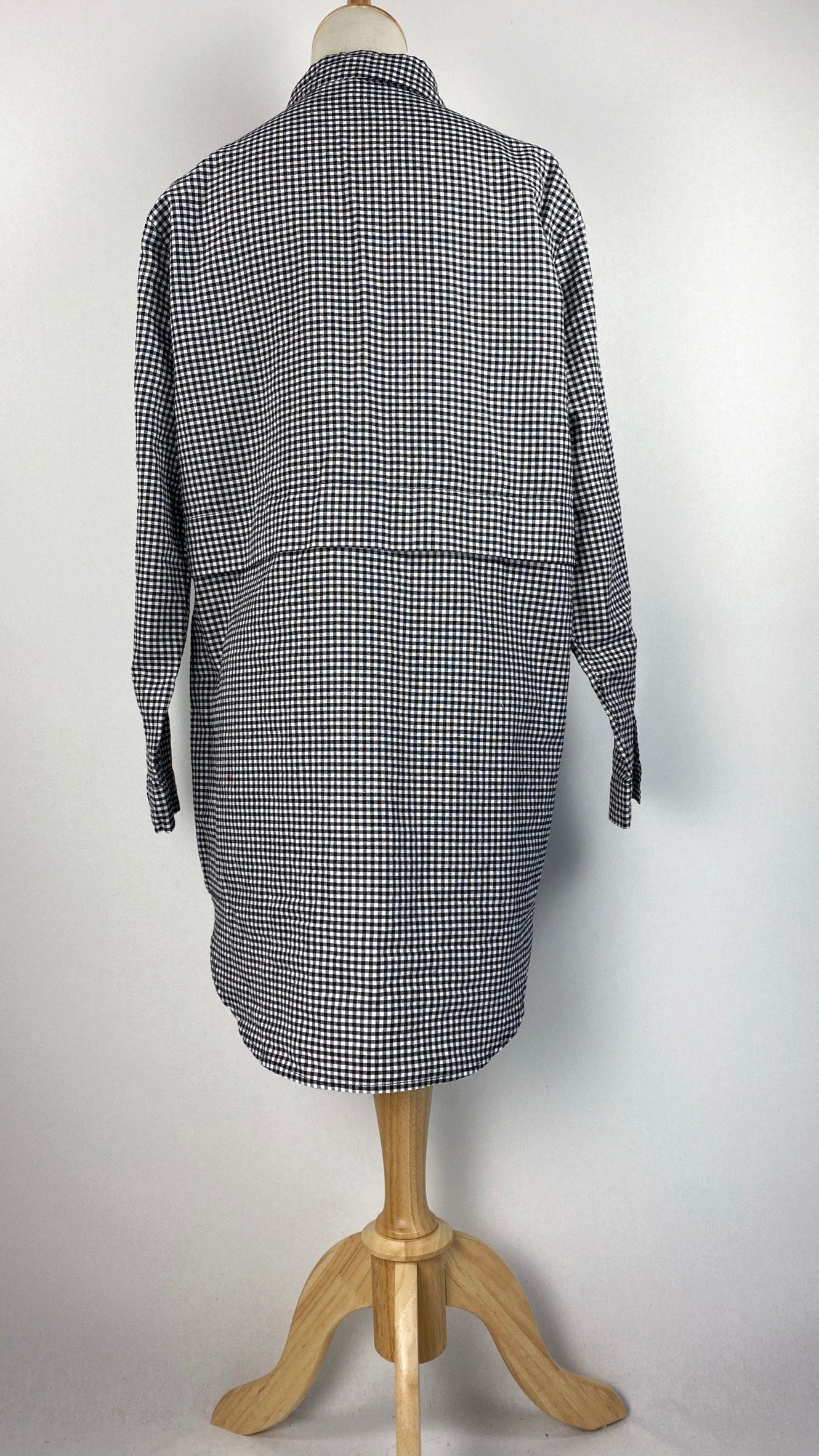 Long Sleeve Button Up Checkered Knee Length Top, Black and White