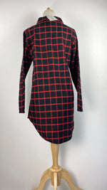 Long Sleeve Button Up Knee Length Flannel Top, Red and Black