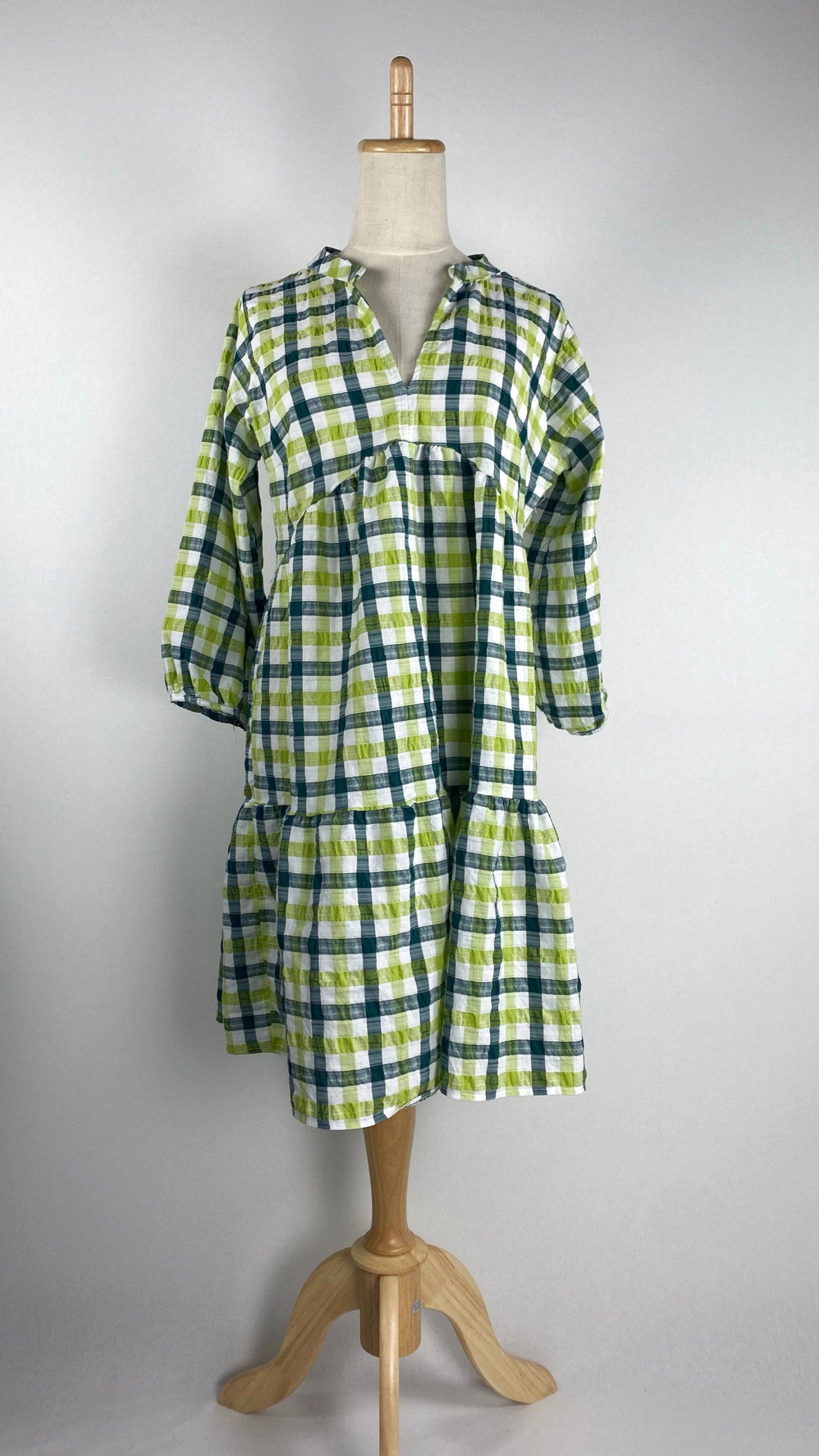 Long Sleeve Plaid Knee Length Dress, Green