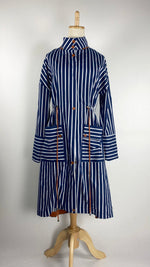 Zip up with Buttons Stripped Trench Coat, Cinched Waist, Navy