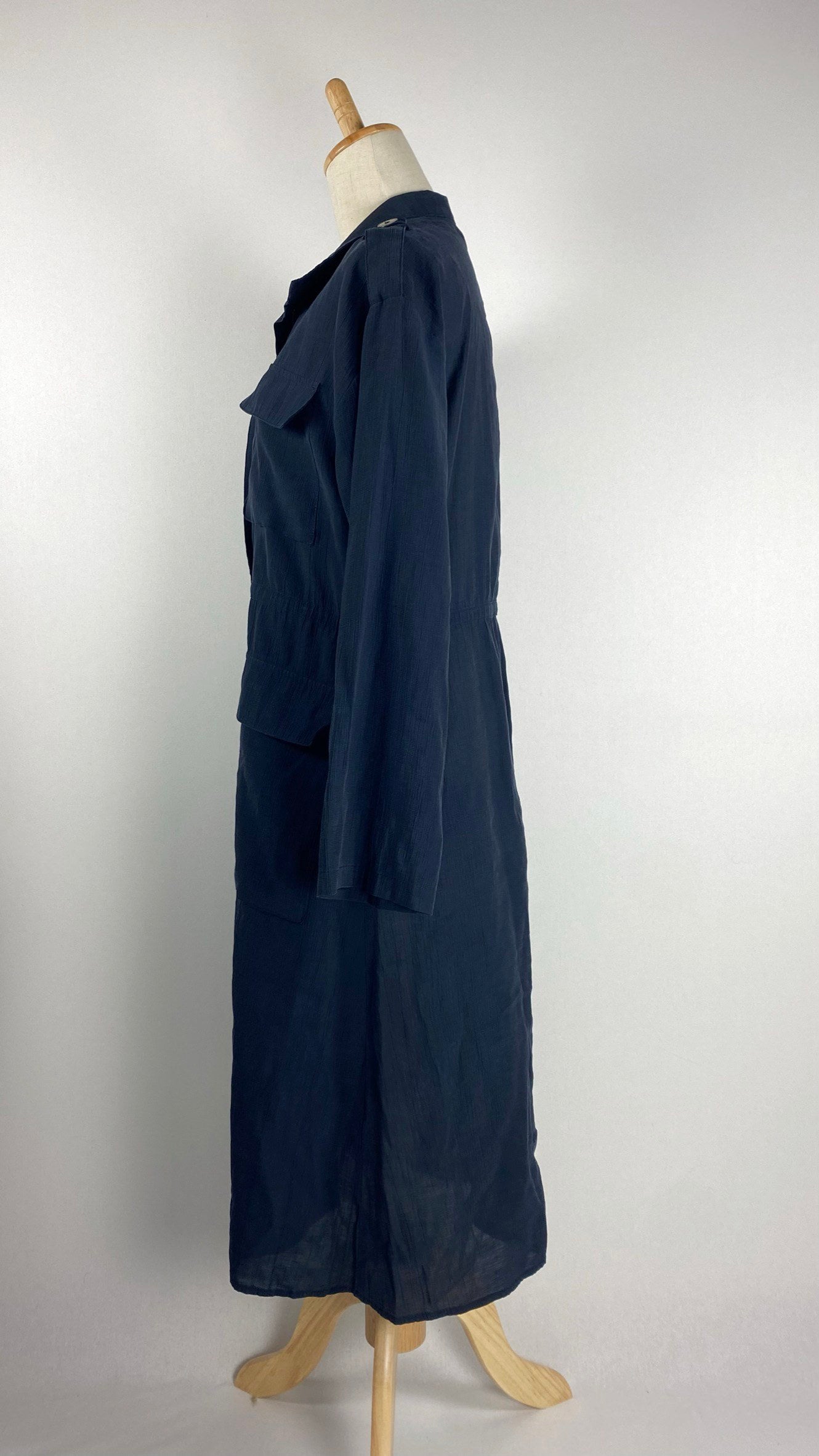 Zip Up Long Sleeve Knee Length Shirt with Cinched Waist, Navy