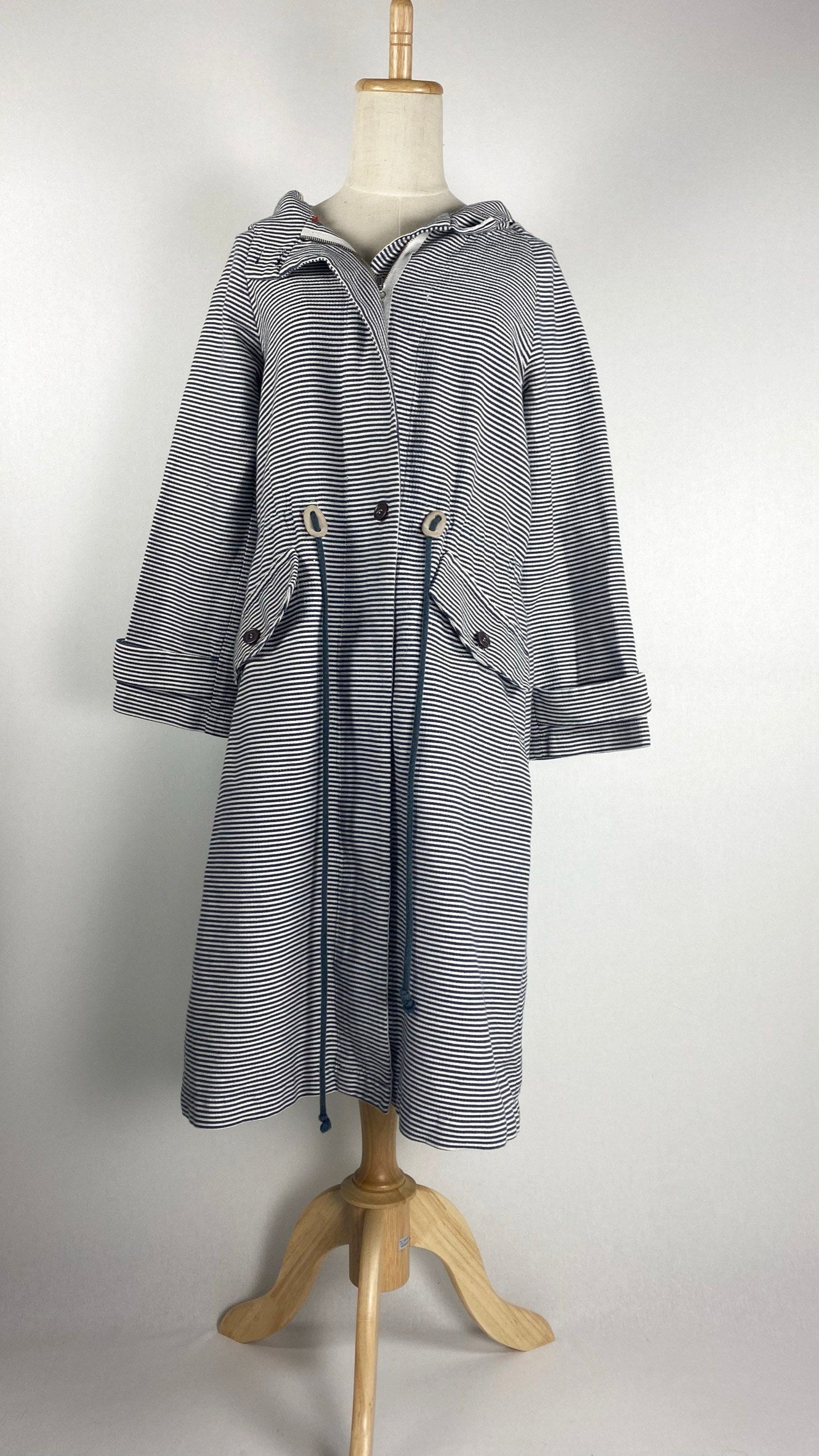Zip Up Striped Trench Coat with Hood, Blue and Beige