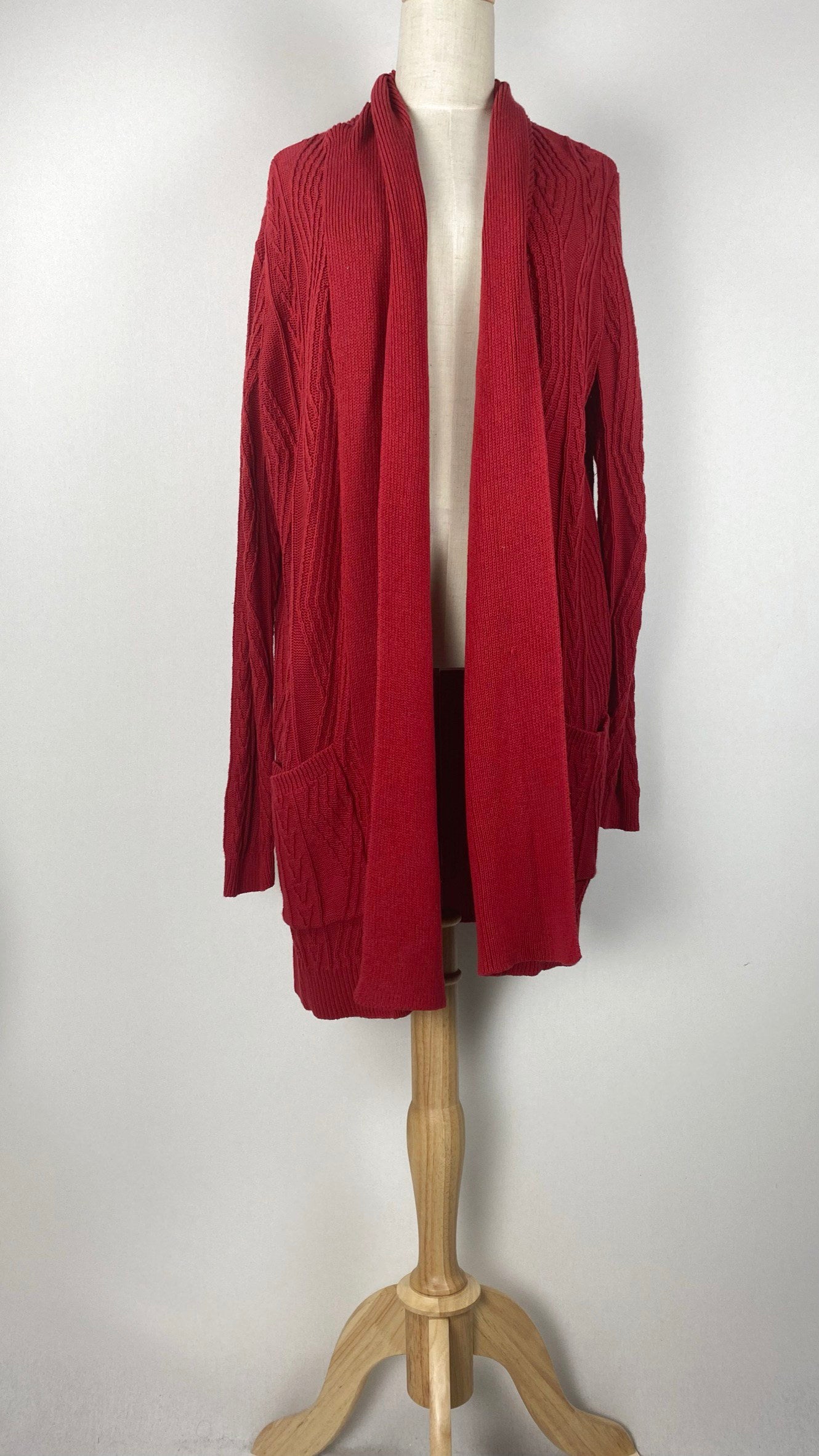 Long Sleeve Knit Hip Length Open Cardigan, Red