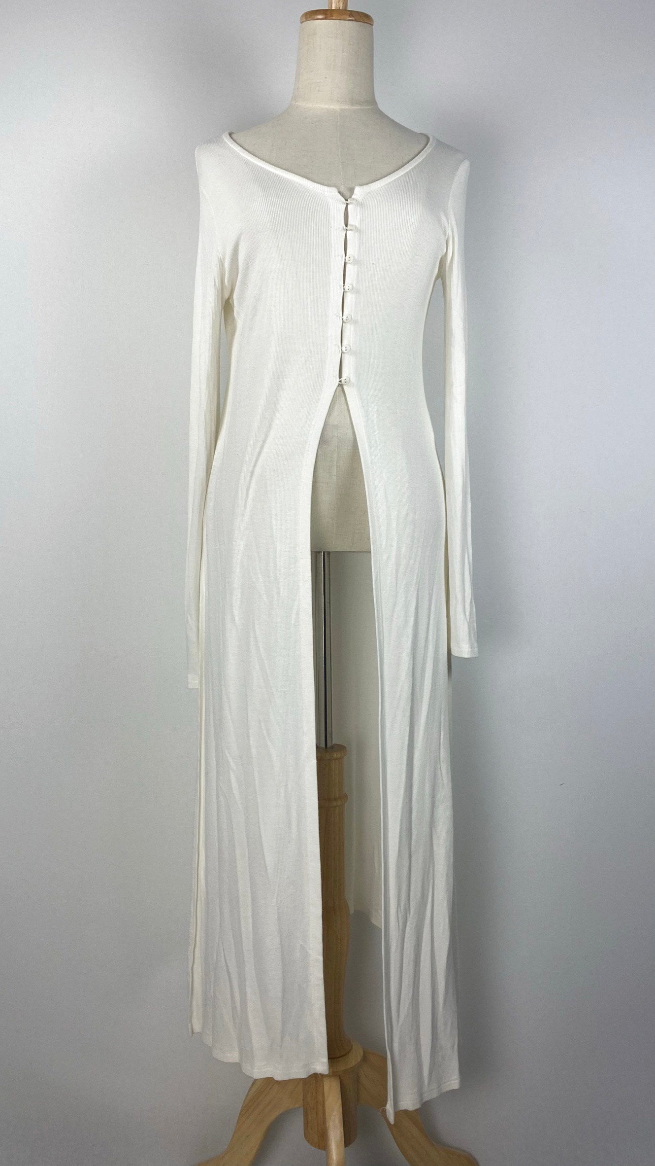 Long Sleeve Knit Midi Length Open Cardigan, Ivory